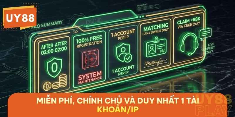 Bảng tóm tắt các quy định đăng ký tài khoản UY88: Miễn phí, chính chủ và duy nhất 1 tài khoản/IP